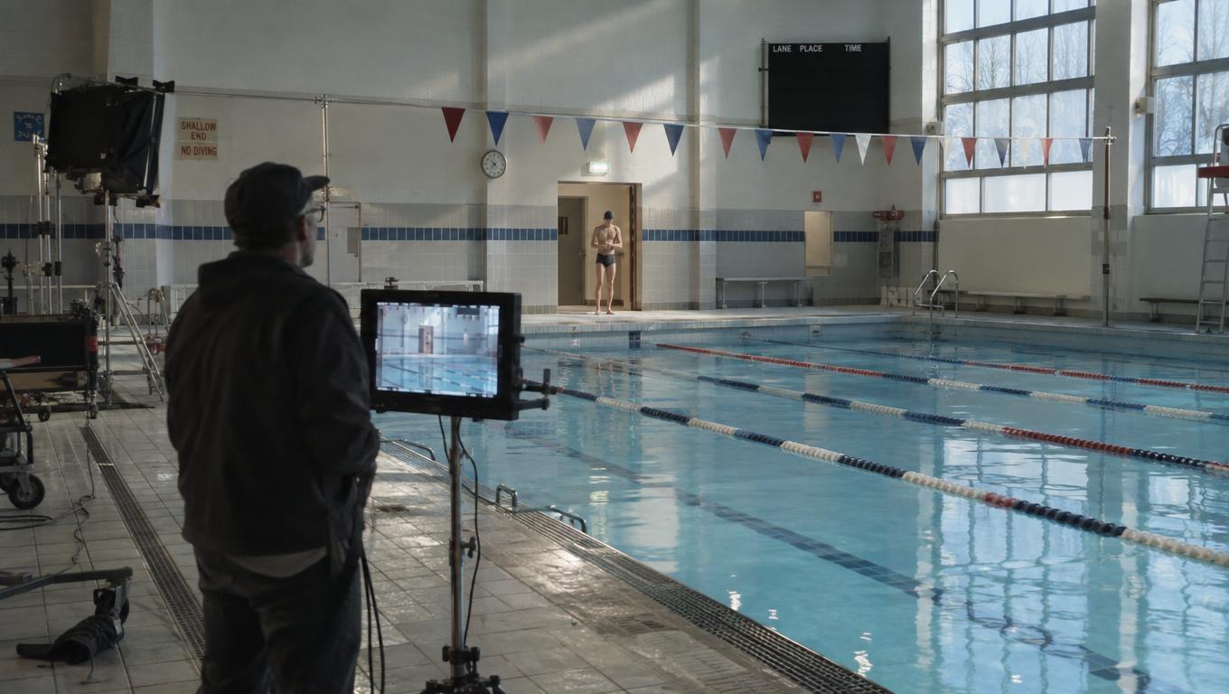 Realizador verifica a marcação numa piscina municipal silenciosa