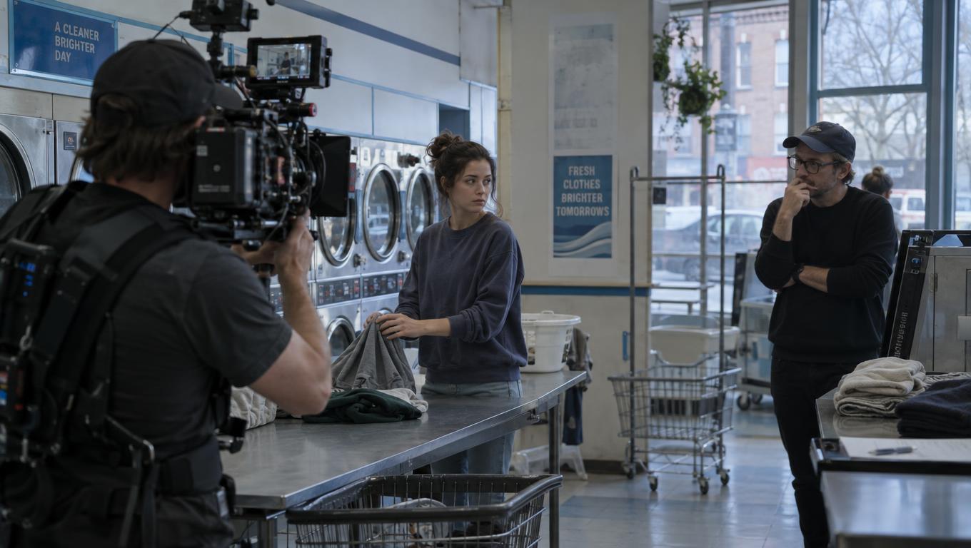 A crew tests an actor’s reaction angle inside a laundromat
