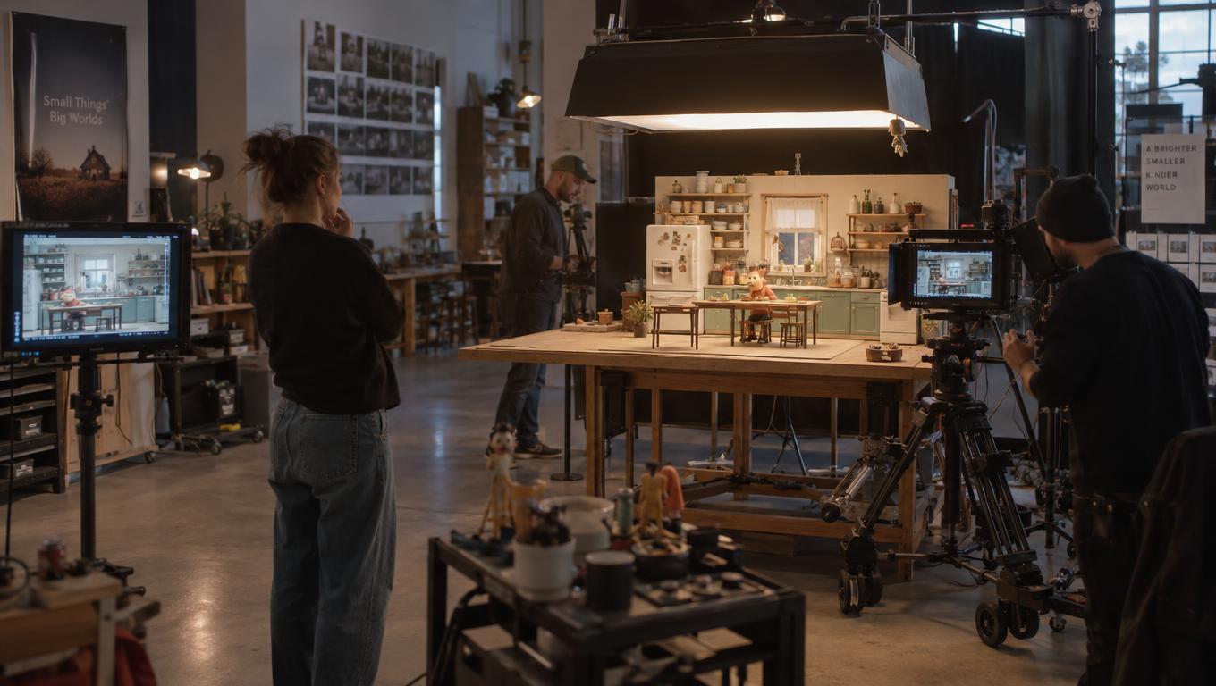 Equipe de animação prepara a cena em miniatura aprovada para a captura final