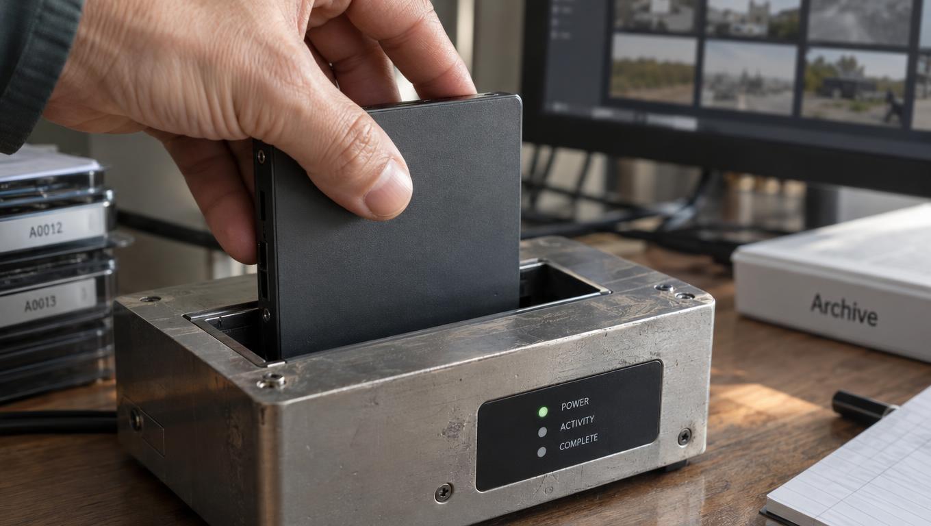 Unmarked media drive seated in an archive ingest dock