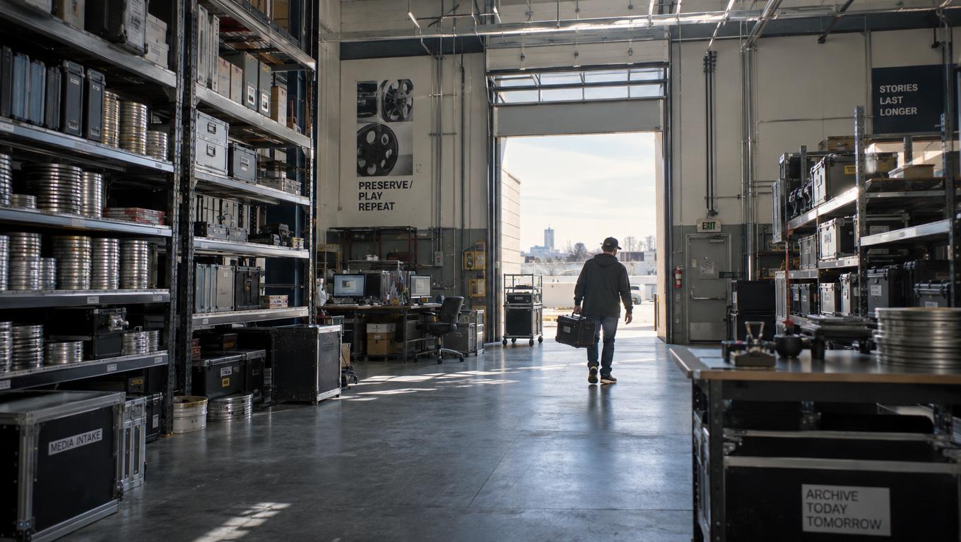 An archivist carries incoming footage into a broad intake bay