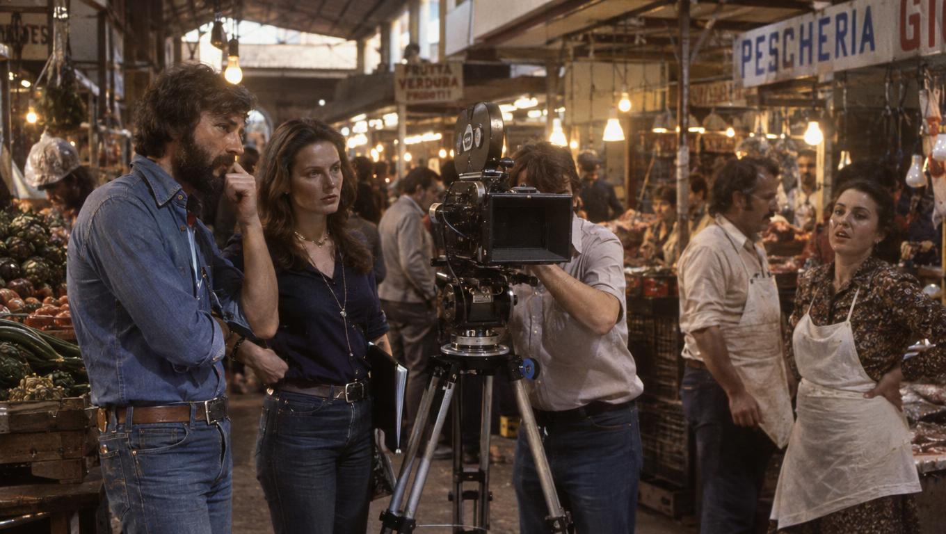 Buyer and producer observe a campaign film shoot in a market