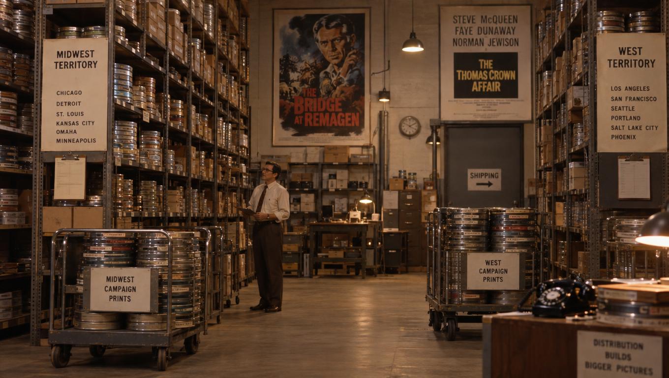 A distribution manager surveys reels awaiting dispatch at a film exchange
