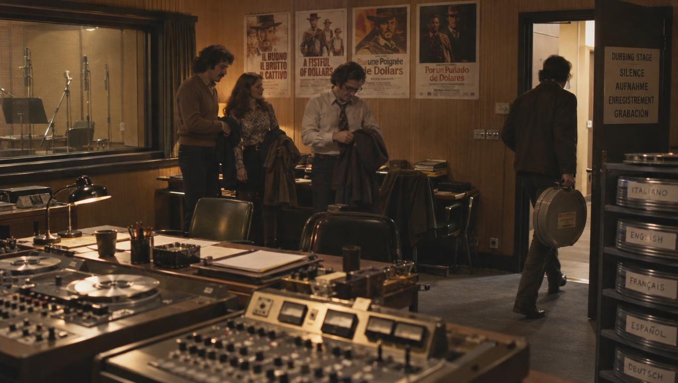 A dubbing team finishes localized recordings and prepares to leave