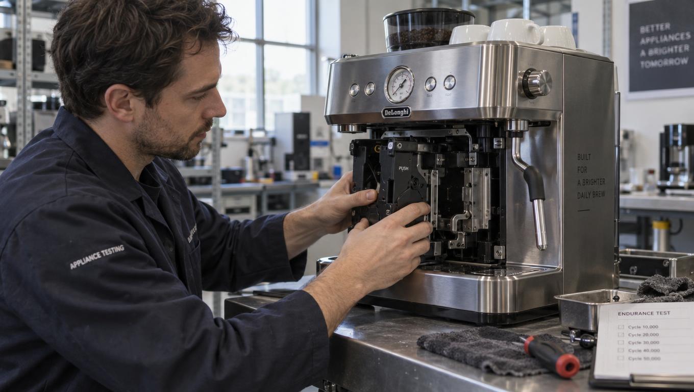 A technician checks the fit of a removable espresso-machine component