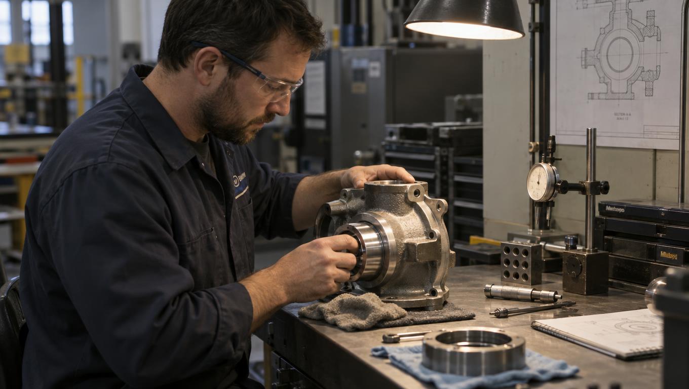 An engineer checks a connector fit before product approval