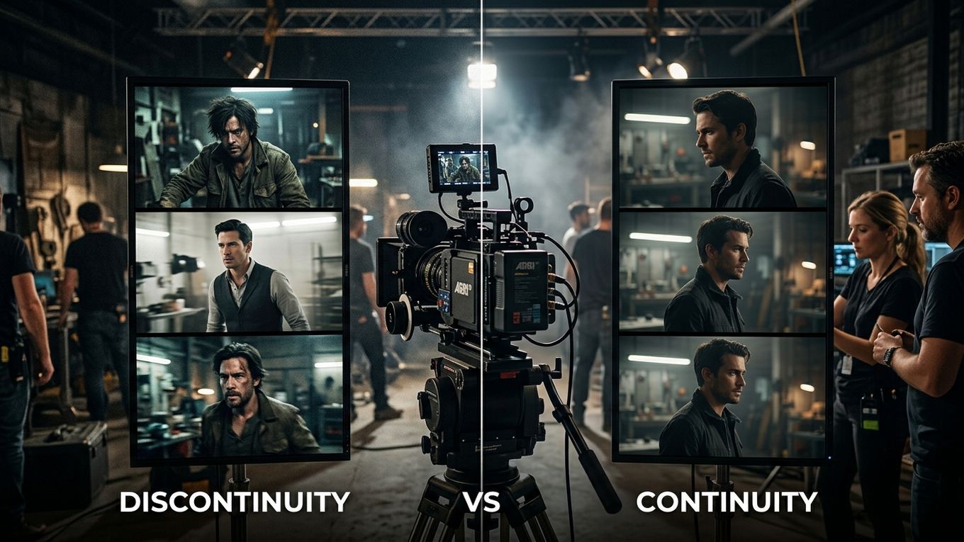 Split image showing cheap AI film continuity versus polished cinematic sequence