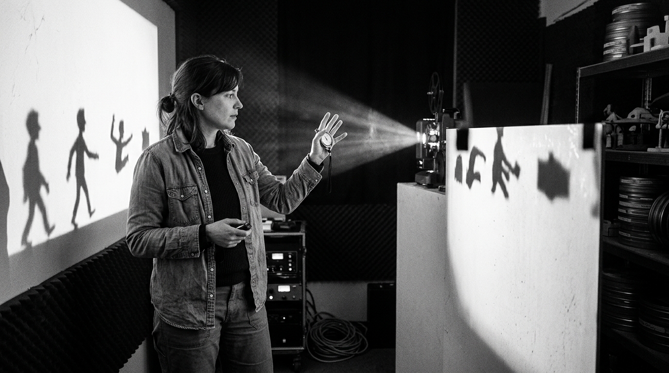 Director tests pacing beside a projected rough sequence
