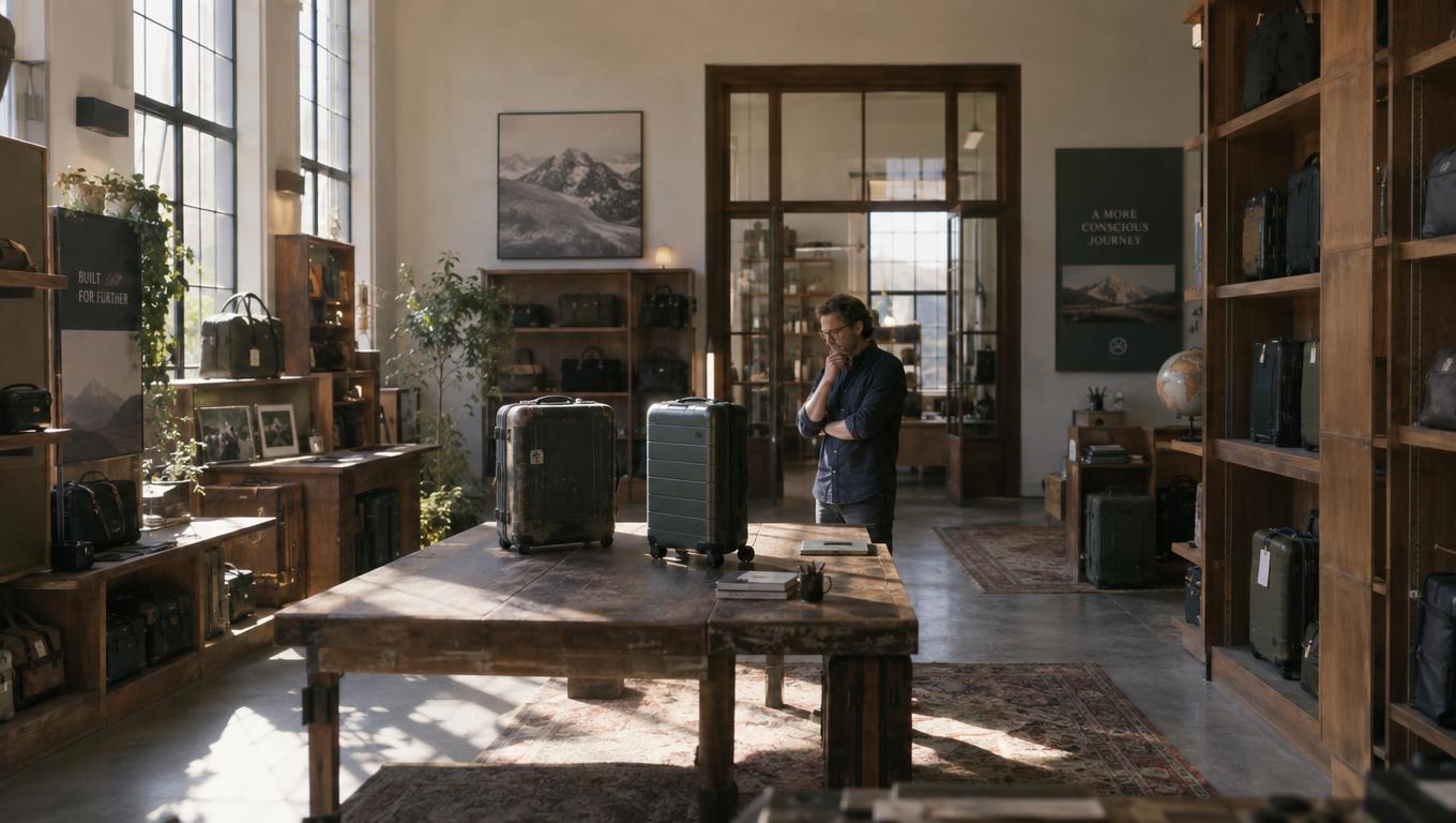 A showroom displaying two generations of travel cases