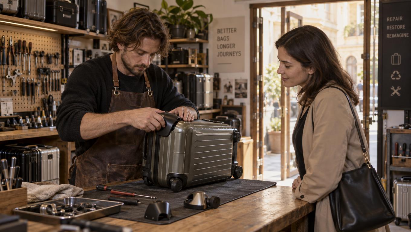 A designer fits a replaceable suitcase shell panel